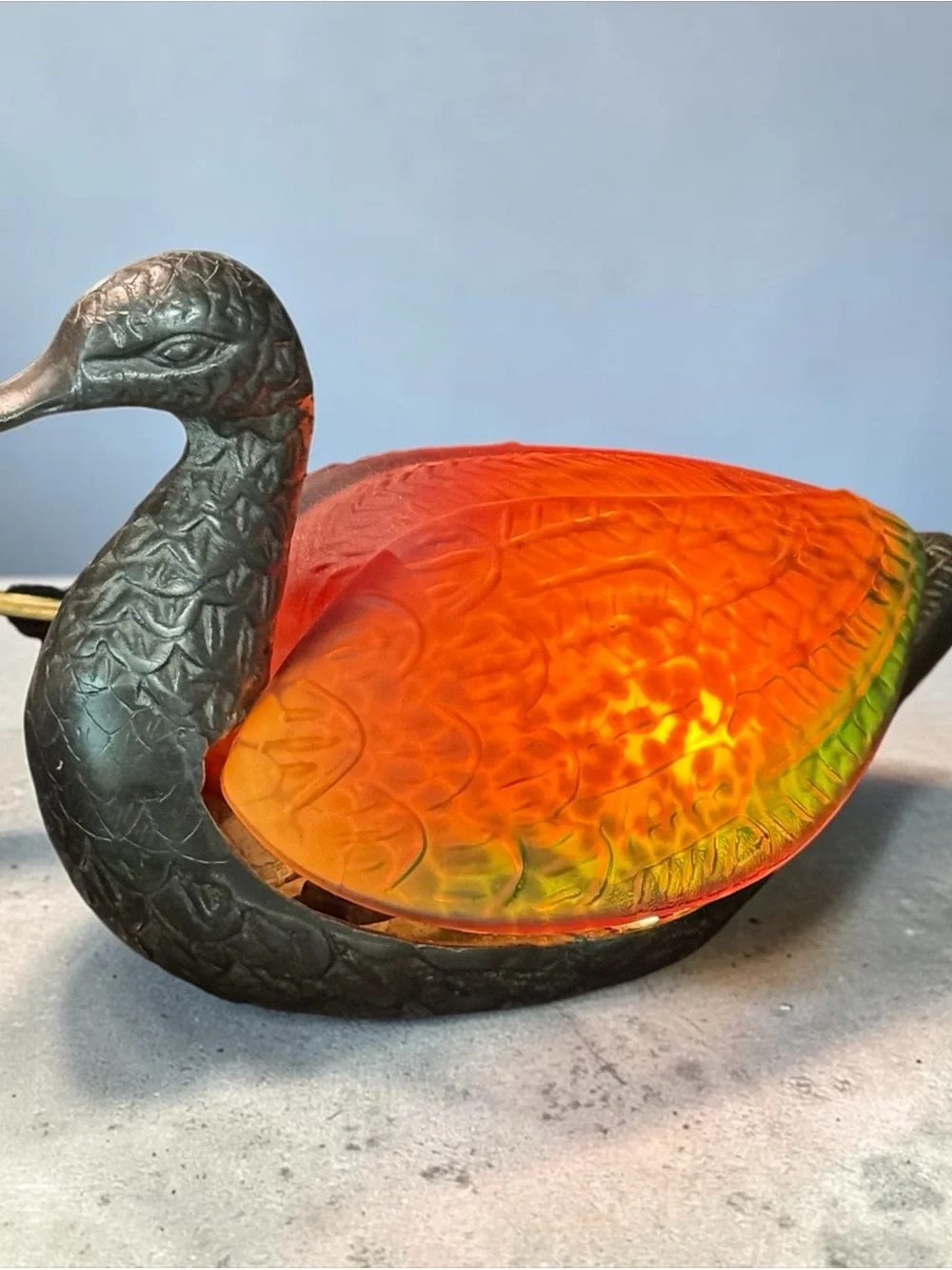 Vintage Lighted Amber Glass Duck Accent Lamp - Night Light with Metal Body